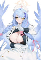 Rule 34 | 1girl, absurdres, arashi (alais), black bra, blue archive, blue hair, blue wings, blush, bra, breasts, cleavage, closed mouth, dress, feathered wings, gloves, halo, hat, highres, juliet sleeves, large breasts, long hair, long sleeves, looking at viewer, mine (blue archive), nurse cap, pointy ears, puffy sleeves, simple background, solo, underwear, white background, white dress, white gloves, white hat, wings, yellow eyes, yellow halo