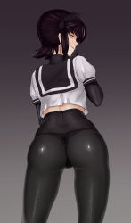 Rule 34 | 1girl, ass, ass focus, black gloves, black hair, black panties, closed mouth, finger to mouth, from behind, gloves, grey background, grin, hair flaps, hairband, hatsuzuki (kancolle), highres, kantai collection, legs together, looking at viewer, looking back, no pants, panties, pantyhose, sailor collar, school uniform, serafuku, shiny skin, short hair, simple background, smile, solo, standing, tsukumo nikyu, underwear, yellow eyes