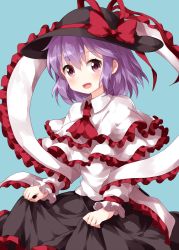 Rule 34 | 1girl, :d, ascot, black hat, black skirt, blue background, bow, capelet, frilled capelet, frills, hair between eyes, hat, hat bow, hat ribbon, highres, long sleeves, looking at viewer, medium hair, nagae iku, open mouth, purple hair, red ascot, red bow, red eyes, red ribbon, ribbon, ruu (tksymkw), shawl, shirt, simple background, skirt, skirt hold, smile, solo, touhou, white capelet, white shirt