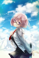 Rule 34 | 1girl, bad id, bad pixiv id, black shirt, black skirt, cloud, cloudy sky, day, fate/grand order, fate (series), from side, glasses, hair between eyes, head tilt, highres, jacket, looking at viewer, mash kyrielight, necktie, pink hair, pleated skirt, purple eyes, red necktie, shirt, short hair, short necktie, skirt, sky, solo, white jacket, yumeichigo alice