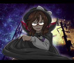 Rule 34 | 1girl, bow, brown eyes, brown hair, cape, collaboration, fujinoki (horonabe-ken), glasses, hat, hat bow, long sleeves, low twintails, night, photo background, plaid, red-framed eyewear, school uniform, shimo fuji, short hair, skirt, smile, solo, soyogo (soyo), touhou, twintails, usami sumireko, utility pole