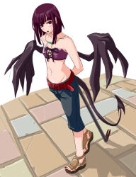 Rule 34 | 1girl, bandeau, crowbar, demon girl, holding, holding crowbar, midriff, nail polish, purple hair, red eyes, red nails, sandals, solo, strapless, tail, tube top, weapon, wings