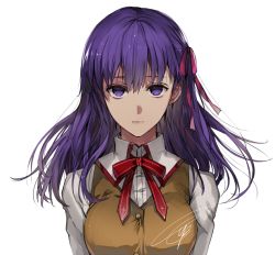 Rule 34 | 1girl, breasts, brown vest, closed mouth, collared shirt, fate/stay night, fate (series), floating hair, hair between eyes, hair ribbon, homurahara academy school uniform, large breasts, long hair, looking at viewer, matou sakura, neck ribbon, purple eyes, purple hair, red ribbon, ribbon, school uniform, shirt, signature, simple background, solo, tcb, upper body, vest, white background, white shirt