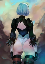Rule 34 | 1girl, ass, back cutout, black dress, black gloves, black hairband, blazpu, boots, clothing cutout, dress, feather-trimmed sleeves, feather trim, from behind, gloves, hairband, high heel boots, high heels, highres, juliet sleeves, leotard, long sleeves, nier (series), nier:automata, no pants, puffy sleeves, short hair, silver hair, standing, thigh boots, thighhighs, thighhighs under boots, thighs, thong leotard, vambraces, white leotard, 2b (nier:automata)