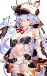 Rule 34 | 1girl, :d, animal ears, animal hood, animal print, armpit crease, bare shoulders, black panties, blue hair, bow, breasts, catura (granblue fantasy), choker, cleavage, collarbone, cow ears, cow girl, cow hood, cow print, cow tail, cowboy shot, detached sleeves, fake animal ears, gold trim, granblue fantasy, hair between eyes, highleg, highleg panties, highres, hood, kei (soundcross), large breasts, long hair, long sleeves, looking at viewer, micro shorts, midriff, navel, open fly, open mouth, orange eyes, panties, see-through, shirt, short shorts, shorts, sidelocks, skindentation, sleeveless, sleeveless shirt, smile, solo, stomach, strapless, strapless shirt, string panties, tail, tail bow, tail ornament, tassel, thighhighs, thighs, underwear, very long hair, white choker, white shirt, white shorts, white thighhighs