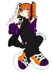 Rule 34 | 1girl, :o, arm support, black nails, black sweater, cellphone, flat color, hair ornament, hair ribbon, hairband, highres, holding, holding phone, jacket, knees up, looking at viewer, nail polish, nemunekodraw, open clothes, open jacket, original, parted lips, phone, purple jacket, red eyes, red hair, ribbon, side ponytail, signature, simple background, sitting, sleeveless, sleeveless sweater, smartphone, solo, sweater, turtleneck, turtleneck sweater, white background