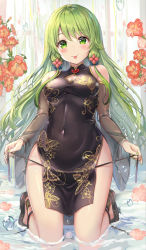 Rule 34 | 1girl, akabane (zebrasmise), bare shoulders, black dress, black footwear, breasts, china dress, chinese clothes, cleavage, cleavage cutout, clothing cutout, colored eyelashes, covered navel, detached sleeves, dress, flower, gold trim, green eyes, green hair, hibiscus, highres, kneeling, long hair, looking at viewer, medium breasts, morinaka kazaki, nail polish, nijisanji, panties, pelvic curtain, red flower, sandals, see-through, side-tie panties, smile, solo, thighs, tongue, tongue out, underwear, untied panties, virtual youtuber, water