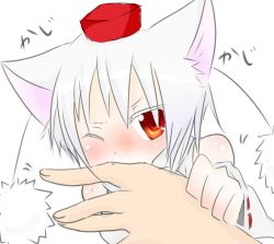 Rule 34 | 1boy, 1girl, animal ears, bare shoulders, biting, blush, detached sleeves, fang, hat, inubashiri momiji, looking at viewer, one eye closed, pom pom (clothes), red eyes, short hair, silver hair, simple background, tokin hat, tosura-ayato, touhou, white background, wolf ears