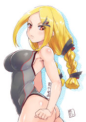 Rule 34 | 1girl, absurdres, ass, blonde hair, braid, breasts, character request, clenched hand, dated, earrings, frown, grey leotard, hair ornament, hairclip, highres, jewelry, kei jiei, large breasts, leotard, looking at viewer, red eyes, sennen sensou aigis, simple background, standing, twin braids, white background