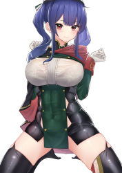 Rule 34 | 1girl, absurdres, azur lane, beret, black cape, black hat, black thighhighs, bra, bra visible through clothes, button gap, cape, center frills, cloak, covered navel, dress, framed breasts, frills, gloves, hat, highres, italian flag, lace, lace-trimmed bra, lace trim, lim (ramu), long hair, looking at viewer, microdress, pola (azur lane), purple hair, red cape, red eyes, skindentation, solo, taut clothes, taut dress, thighhighs, two-tone cape, two-tone dress, underwear, white gloves