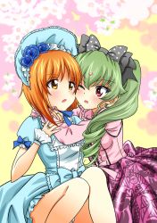Rule 34 | 10s, 2girls, alternate costume, anchovy (girls und panzer), blue dress, blush, bow, brown eyes, brown hair, dress, drill hair, flower, girls und panzer, green hair, hair bow, headdress, heart, heart-shaped pupils, highres, hug, jewelry, long hair, long sleeves, multiple girls, nishizumi miho, one eye closed, open mouth, pink dress, red eyes, ribbon, ring, sae (saearito03), short hair, sitting, symbol-shaped pupils, twin drills, twintails, yuri