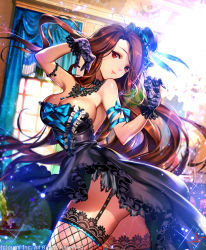 Rule 34 | 1girl, arched back, armband, artist name, ass, breasts, brown hair, choker, contrapposto, dutch angle, fishnets, garter straps, gloves, hat, huge breasts, indoors, jewelry, long hair, looking at viewer, maboroshi juuhime, md5 mismatch, necklace, red eyes, resolution mismatch, ribbon, smile, solo, source smaller, standing, support, thighhighs, window, yoda (ayanamikodon)