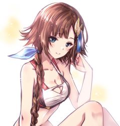 Rule 34 | 1girl, bikini, blue eyes, blue ribbon, braid, breasts, brown hair, cleavage, closed mouth, commentary request, feather hair ornament, feathers, granblue fantasy, hair ornament, hair over shoulder, hair ribbon, hand in own hair, highres, kuroi mimei, leaning forward, leona (granblue fantasy), light blush, long hair, looking at viewer, medium breasts, parted bangs, red bikini, ribbon, single braid, sitting, smile, solo, swimsuit
