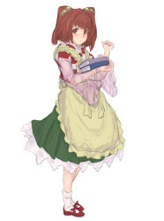 Rule 34 | 1girl, apron, bell, blush, book, book stack, brown eyes, brown hair, carrying, hair bell, hair ornament, highres, japanese clothes, kimono, kuro suto sukii, long sleeves, looking at viewer, motoori kosuzu, sash, see-through, simple background, solo, touhou, twintails, two side up, white background, wide sleeves