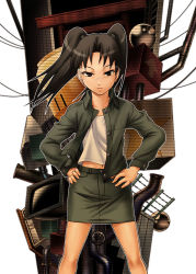 Rule 34 | 00s, 1girl, amasawa yuuko, brown eyes, chiba toshirou, closed mouth, collarbone, dennou coil, elbow gloves, glasses, gloves, green jacket, green skirt, hands on own hips, industrial pipe, jacket, legs apart, long hair, looking at viewer, miniskirt, open clothes, open jacket, outline, power lines, rimless eyewear, serious, shirt, simple background, skirt, solo, television, twintails, unbuttoned, white background, white shirt