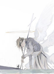 Rule 34 | 1boy, angel wings, artist name, black blindfold, blindfold, blonde hair, closed mouth, cross, facing down, feathered wings, full body, giant, giant male, halo, highres, holding, holding cross, kanae (nijisanji), long sleeves, male focus, multiple wings, natsu (rodysanp), nijisanji, outdoors, pale color, seraph, simple background, solo, standing, twitter username, virtual youtuber, wading, water, white background, white wings, wings