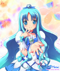 Rule 34 | 10s, 1girl, beckoning, blue eyes, blue hair, blue skirt, blue theme, blush, brooch, cure marine, hair ornament, heart, heart brooch, heartcatch precure!, jewelry, kurumi erika, long hair, looking at viewer, magical girl, matching hair/eyes, outstretched hand, ponytail, precure, skirt, smile, solo, utamaru (konomix)