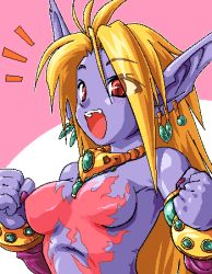 Rule 34 | 1girl, ahoge, animal ears, blonde hair, blush, bracelet, breasts, breath of fire, breath of fire ii, capcom, cat ears, claws, clenched hand, clenched hands, colored skin, demon girl, detached sleeves, earrings, fang, fingernails, game, gloves, jewelry, long fingernails, long hair, lowres, nail, nail polish, necklace, oekaki, open mouth, piercing, pointy ears, purple nails, purple skin, red eyes, rinpoo chuan, shaman, sideboob, solo