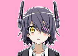 Rule 34 | 1girl, animated, animated gif, blush, closed eyes, eyepatch, face, full-face blush, headgear, kantai collection, looking at viewer, mikakunin de shinkoukei, parody, pink background, purple hair, short hair, simple background, solo, steam, tenryuu (kancolle), tk8d32, wavy mouth, yellow eyes