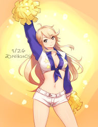 Rule 34 | 1girl, arm up, belt, blonde hair, breasts, cheerleader, contrapposto, dated, front-tie top, grey eyes, iowa (kancolle), kantai collection, medium breasts, midriff, navel, nikuoji, pom pom (cheerleading), short shorts, shorts, smile, solo, star-shaped pupils, star (symbol), symbol-shaped pupils, twitter username, white shorts, yellow background