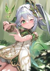 Rule 34 | 1girl, bad id, bad pixiv id, bare shoulders, blurry, blurry background, blush, bracer, colored tips, cowboy shot, cross-shaped pupils, crystalfly (genshin impact), dappled sunlight, depth of field, dot nose, dress, genshin impact, gold trim, green eyes, green hair, hair between eyes, hair intakes, hair ornament, highres, kanzarin, leaf hair ornament, long hair, multicolored hair, nahida (genshin impact), one eye closed, picture frame, side ponytail, sidelocks, smile, solo, streaked hair, sunlight, symbol-shaped pupils, thighs, two-tone hair, white dress, white hair