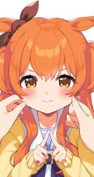 Rule 34 | 1girl, :i, animal ears, blush, cheek pinching, closed mouth, commentary request, highres, horse ears, horse girl, index fingers together, inuyama nanami, long hair, long sleeves, looking at viewer, mayano top gun (umamusume), orange hair, pinching, solo focus, umamusume, upper body