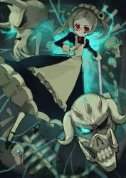 Rule 34 | 1girl, absurdres, apron, bloody marie (skullgirls), brooch, dress, energy, floating, frilled apron, frilled dress, frills, full body, glowing, glowing eye, grey hair, hair ornament, highres, jewelry, maid headdress, red eyes, skull, skull hair ornament, skullgirls, solo, twintails, unchiganiowanai, vacuum cleaner