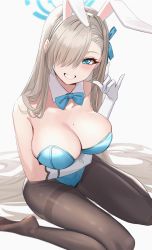 Rule 34 | 1girl, absurdres, animal ears, asuna (blue archive), asuna (bunny) (blue archive), bare shoulders, black pantyhose, blue archive, blue bow, blue bowtie, blue eyes, blue leotard, blush, bow, bowtie, breasts, brown hair, cleavage, detached collar, elbow gloves, fake animal ears, forgetf4, gloves, grin, hair over one eye, hairband, halo, highres, large breasts, leotard, long hair, looking at viewer, mole, mole on breast, one eye covered, pantyhose, parted lips, playboy bunny, rabbit ears, sitting, smile, solo, teeth, wariza, white gloves, white hairband