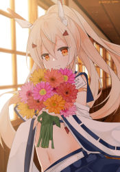 Rule 34 | 1girl, ayanami (azur lane), azur lane, bandaid, bandaid on arm, belt, blurry, commentary request, depth of field, detached sleeves, flower, hair ornament, hairclip, headgear, highres, holding, holding flower, long hair, looking at viewer, midriff, navel, orange eyes, pleated skirt, ponytail, retrofit (azur lane), ribbon-trimmed sleeves, ribbon trim, saekiya sabou, silver hair, skirt, smile, solo, translation request, wide sleeves, window