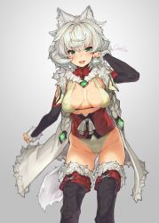 Rule 34 | 1girl, absurdres, animal ears, boots, breasts, brooch, cameltoe, cape, cleavage, coat, corset, covered erect nipples, croriin, detached sleeves, fantasy, fur collar, fur trim, green eyes, grey background, hand in own hair, highleg, highres, jewelry, open clothes, original, short hair, signature, silver hair, solo, tail, thigh boots, thighhighs, white cape, wolf ears, wolf tail