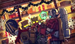 Rule 34 | 1980s (style), 3boys, :t, afterburner (transformers), autobot, blue eyes, borezet, box, christmas, fur trim, gift, glowing, glowing eyes, holding, male focus, mecha, merry christmas, multiple boys, no humans, nosecone, oldschool, open mouth, retro artstyle, robot, scattershot, smile, snowflakes, technobots, transformers, wheel, yellow eyes