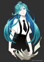 Rule 34 | 1other, ahoge, alexandrite (houseki no kuni), androgynous, bad id, bad twitter id, blue eyes, blue hair, colored eyelashes, crystal hair, dark background, dated, eyes visible through hair, frown, gem uniform (houseki no kuni), highres, houseki no kuni, long hair, looking at viewer, necktie, paper, solo, suspenders, thick eyebrows