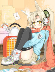 Rule 34 | 1girl, animal ears, blush, boots, char, cigarette, face, headphones, kettle, laces, hugging own legs, long hair, messy, orange scarf, original, ponytail, scarf, shoes, shorts, sitting, smoking, sneakers, solo, thighhighs, yellow eyes