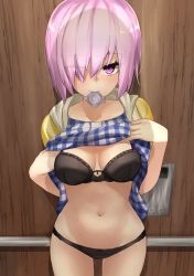 Rule 34 | 1girl, black bra, black panties, bra, breasts, clothes lift, condom, condom in mouth, condom wrapper, dress, dress lift, elevator, eyes visible through hair, fate/grand order, fate (series), hair over one eye, looking at viewer, mash kyrielight, mash kyrielight (senpai killer outfit), medium breasts, mouth hold, naughty face, navel, official alternate costume, panties, pink eyes, pink hair, pinky out, pinta (ayashii bochi), short hair, smile, solo, underwear