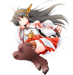 Rule 34 | 1girl, aiguillette, anbee (arary), black hair, blush, boots, brown footwear, closed mouth, detached sleeves, female focus, frilled skirt, frills, full body, hair between eyes, hair ornament, hairclip, hands up, happy, haruna (kancolle), headgear, highres, japanese clothes, kantai collection, light blush, long hair, looking at viewer, miniskirt, nontraditional miko, panties, red skirt, ribbon-trimmed sleeves, ribbon trim, sash, simple background, skirt, smile, solo, sweat, thigh boots, thighhighs, underwear, white background, white panties, yellow eyes