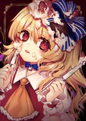 Rule 34 | 1girl, :p, ascot, blonde hair, blue bow, blue choker, blush, bow, brown background, chocolate, choker, commentary request, flandre scarlet, food, food on face, frilled shirt collar, frills, fruit, hair between eyes, hair bow, hands up, highres, holding, holding knife, icing, knife, kyouda suzuka, long hair, looking at viewer, no headwear, one side up, outside border, puffy short sleeves, puffy sleeves, red eyes, ribbon choker, shirt, short sleeves, solo, strawberry, striped, striped bow, tongue, tongue out, touhou, upper body, white shirt, wrist cuffs, yellow ascot