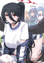 Rule 34 | 1other, 4girls, ako (blue archive), ako (track) (blue archive), all fours, black choker, black hair, black wings, blank eyes, blue archive, breasts, choker, cliov, commentary request, doodle sensei (blue archive), feathered wings, furrification, furry, glaring, gym shirt, gym uniform, halo, hasumi (blue archive), hasumi (track) (blue archive), highres, huge breasts, jacket, long hair between eyes, looking at another, mari (blue archive), mari (track) (blue archive), mole, mole under eye, multiple girls, official alternate costume, red eyes, sensei (blue archive), shirt, sideways glance, track jacket, wings, yuuka (blue archive), yuuka (track) (blue archive)