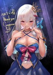 Rule 34 | 1girl, bare shoulders, blue dress, breasts, cleavage, clothing cutout, collar, commission, crown, dainana sugune, dress, finger to mouth, hair ribbon, highres, hoshizuki lunna, indie virtual youtuber, large breasts, light, looking at viewer, mole, mole under eye, navel, navel cutout, purple eyes, ribbon, seductive smile, skeb commission, smile, solo, thank you, virtual youtuber, white hair