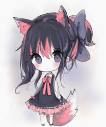 Rule 34 | 1girl, animal ear fluff, animal ears, bad id, bad pixiv id, black dress, black footwear, black hair, blue bow, blush, bow, chibi, closed mouth, collared shirt, cottontailtokki, dress, frilled dress, frills, full body, grey background, grey eyes, hair between eyes, hair bow, long hair, long sleeves, looking at viewer, multicolored hair, original, ponytail, red bow, red hair, shirt, sidelocks, sleeveless, sleeveless dress, smile, solo, standing, streaked hair, tail, thighhighs, white shirt, white thighhighs