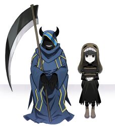 1boy 1girl absurdres asdf1211950 black_dress black_eyes black_hair black_horns black_skin black_souls blue_robe boots brown_footwear brown_veil colored_skin dress grin hein_(black_souls) highres holding holding_scythe horns juliet_sleeves long_sleeves miranda_(black_souls) puffy_sleeves robe scythe sharp_teeth short_hair sitting smile teeth wide_sleeves