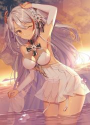 Rule 34 | 1girl, alternate costume, arm up, armpits, azur lane, bare shoulders, blue gemstone, blush, breasts, bridal gauntlets, bridal veil, choker, cleavage, cloud, collarbone, cowboy shot, dress, flower, garter straps, gem, gloves, groin, hair between eyes, hair flower, hair ornament, head tilt, headgear, highres, izumo neru, large breasts, long hair, looking at viewer, mole, mole on breast, multicolored hair, one eye closed, outdoors, parted lips, prinz eugen (azur lane), prinz eugen (symphonic fate) (azur lane), red hair, see-through, sidelocks, silver hair, skindentation, smile, solo, streaked hair, sunlight, sunset, swept bangs, thighs, two side up, v-shaped eyebrows, veil, very long hair, wading, wedding dress, white dress, white gloves