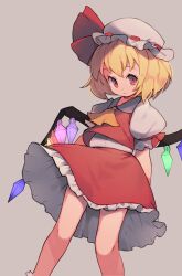 Rule 34 | 1girl, absurdres, ascot, blonde hair, closed mouth, crystal, flandre scarlet, grey background, hat, hat ribbon, highres, looking at viewer, mob cap, orange ascot, puffy short sleeves, puffy sleeves, red eyes, red ribbon, red skirt, red vest, ribbon, shimazaki1152, short hair, short sleeves, simple background, skirt, skirt set, solo, touhou, vest, white hat, wings