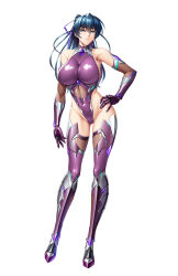 Rule 34 | 1girl, bare shoulders, blue hair, boots, breasts, clenched hands, covered navel, curvy, full body, green eyes, hair ribbon, high heel boots, high heels, high ponytail, highleg, highleg leotard, igawa asagi, kagami hirotaka, large breasts, leotard, lilith-soft, long hair, looking at viewer, ponytail, purple leotard, revealing clothes, ribbon, shiny clothes, shiny skin, simple background, skin tight, skindentation, smile, solo, standing, taimanin (series), taimanin asagi, taimanin rpgx, taimanin suit, thighhighs, thong leotard, wide hips