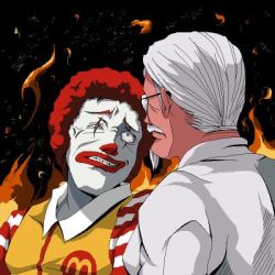 Rule 34 | 2boys, afro, angry, colonel sanders, glasses, jpeg artifacts, kfc, lowres, male focus, mcdonald&#039;s, multiple boys, ronald mcdonald, tsukumo (soar99), what