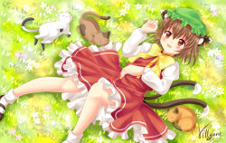 Rule 34 | 1girl, :d, animal ears, artist name, brown eyes, brown hair, cat, cat ears, cat tail, chen, grass, hat, looking at viewer, lying, mary janes, mob cap, multiple tails, nekomata, open mouth, shoes, signature, smile, socks, tail, touhou, villyane, white socks