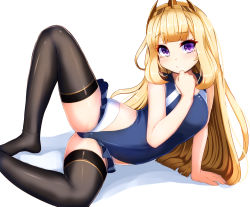 Rule 34 | 10s, 1girl, bad id, bad pixiv id, black thighhighs, blonde hair, blunt bangs, cagliostro (granblue fantasy), crown, full body, granblue fantasy, hairband, hand on own chest, long hair, looking at viewer, lying, on back, on side, one-piece swimsuit, purple eyes, simple background, skin tight, solo, spikes, swimsuit, tenken (gotannda), thighhighs