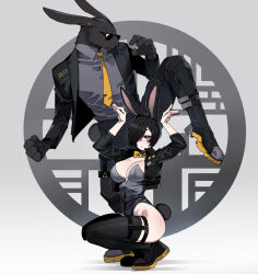 Rule 34 | 1boy, 1girl, 2023, absurdres, animal hands, black hair, black jacket, black pants, black sclera, black thighhighs, boots, bow, bowtie, breasts, chinese zodiac, cleavage, colored sclera, cropped jacket, fewer digits, furry, furry male, grey leotard, grey shirt, hair over one eye, highleg, highleg leotard, highres, jacket, kicking, large breasts, leotard, looking at viewer, necktie, one eye covered, open clothes, open jacket, original, pants, parted lips, playboy bunny, rabbit girl, rabbit pose, ratatatat74, shirt, squatting, standing, standing on one leg, sunglasses, thighhighs, traditional bowtie, year of the rabbit, yellow bow, yellow bowtie, yellow eyes, yellow necktie