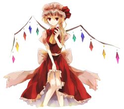 Rule 34 | 1girl, aeolus, apple, blonde hair, clothes grab, dress, female focus, flandre scarlet, food, fruit, hat, hat ribbon, holding, puffy short sleeves, puffy sleeves, red dress, red eyes, ribbon, short sleeves, side ponytail, simple background, solo, touhou, white background