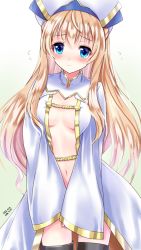 Rule 34 | 10s, 1girl, black legwear, blonde hair, blue eyes, blush, breasts, commentary request, dated, dress, goblin slayer!, gradient background, hair between eyes, hair over shoulder, hat, long hair, long sleeves, looking at viewer, navel, no bra, open clothes, open robe, priestess (goblin slayer!), robe, sidelocks, simple background, small breasts, solo, sweatdrop, white robe, yamaguchi yuu