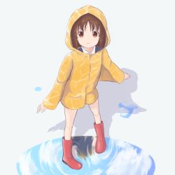 Rule 34 | 1girl, :&gt;, after rain, bare legs, boots, brown hair, coat, full body, hibino gakio023, highres, hood, hood up, hooded coat, kakura kurumi, looking at viewer, medium hair, orange eyes, outstretched arms, puddle, raincoat, red footwear, reflection, ripples, rubber boots, saki (manga), shadow, simple background, solo, spread arms, standing, water, water drop, wet, wet clothes, wet hair, yellow coat